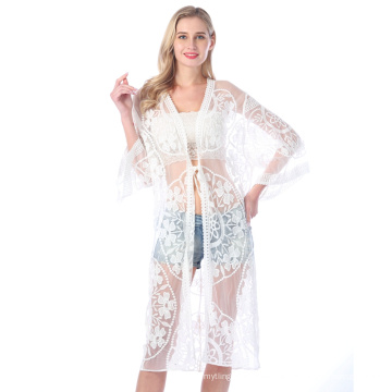 Bikini Vertuschungen Kimono Strickjacke Sexy Aushöhlen Sommerkleid Weiße Baumwolle Tunika Frauen Strand Tragen Badeanzug Vertuschen